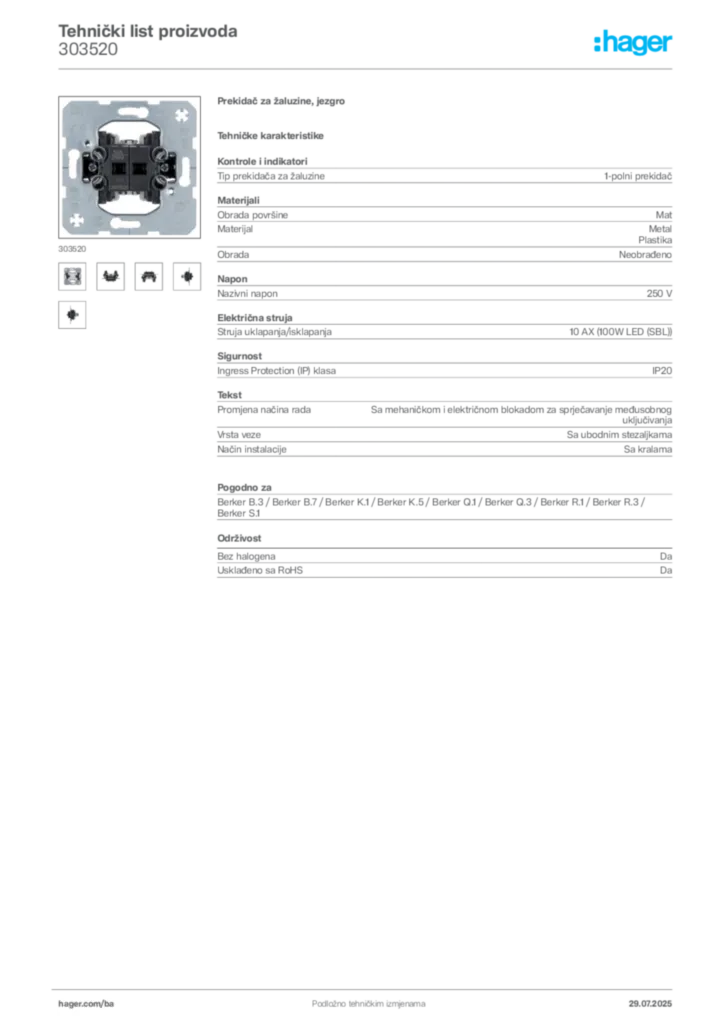 Slika Hager Product data sheet 303520  | Hager
