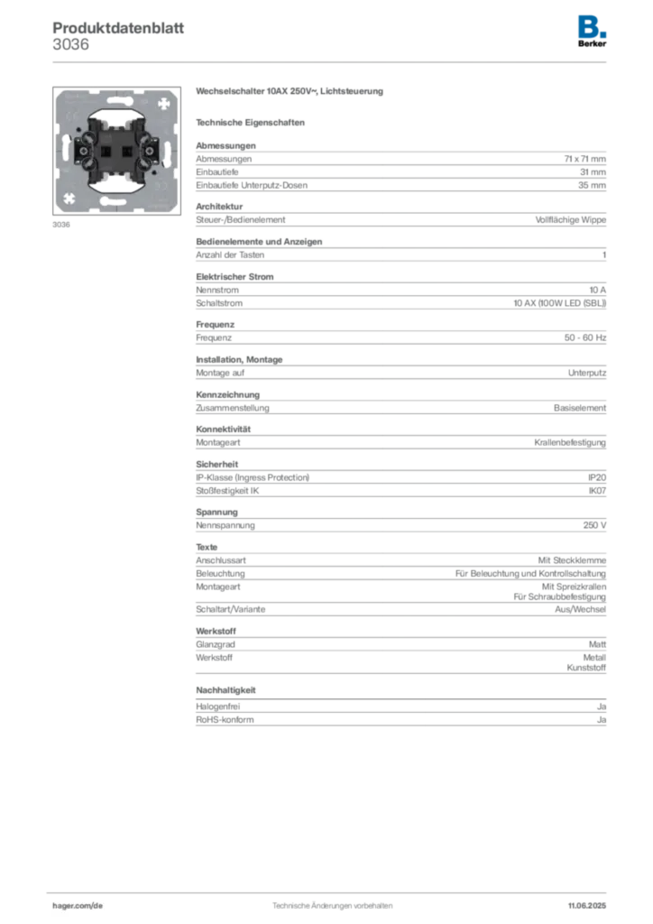 Berker Produktdatenblatt 3036