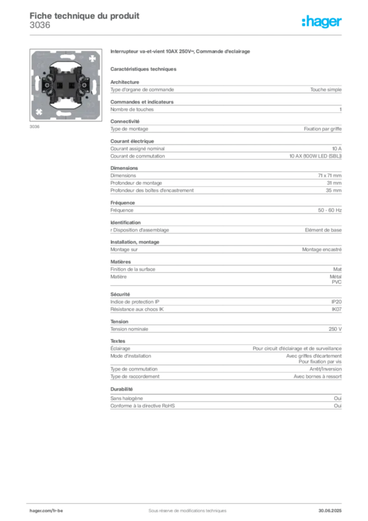 Image Hager Fiche technique du produit 3036 | Hager Belgique