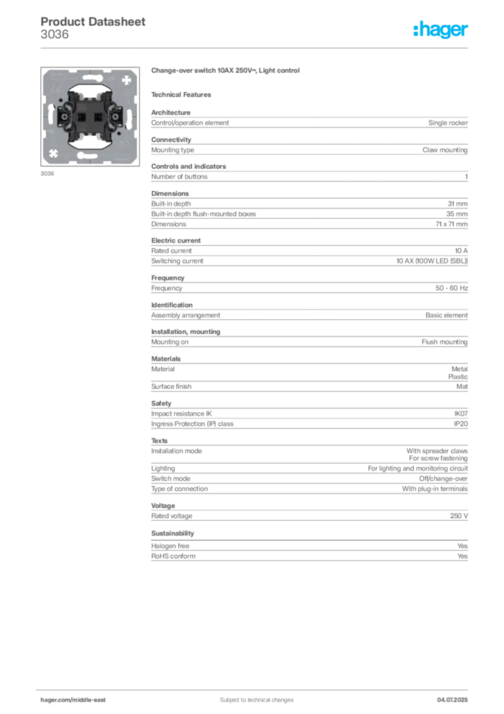 Image Hager Product data sheet 3036  | Hager