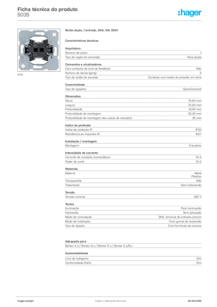 Imagem Hager Ficha técnica do produto 5035 | Hager Portugal