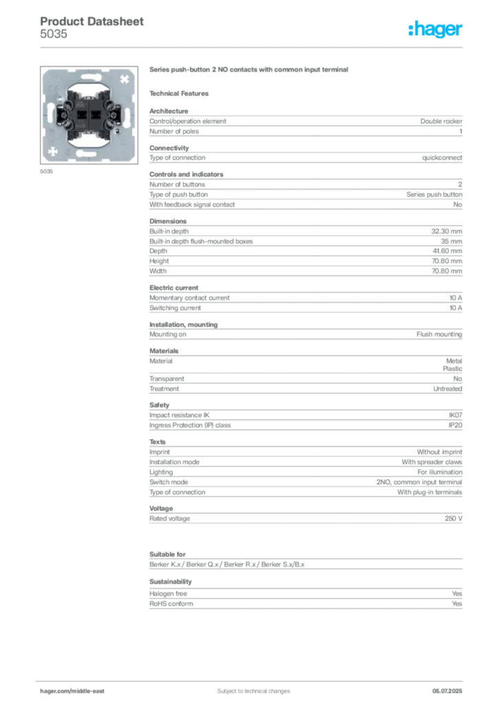 Image Hager Product data sheet 5035  | Hager