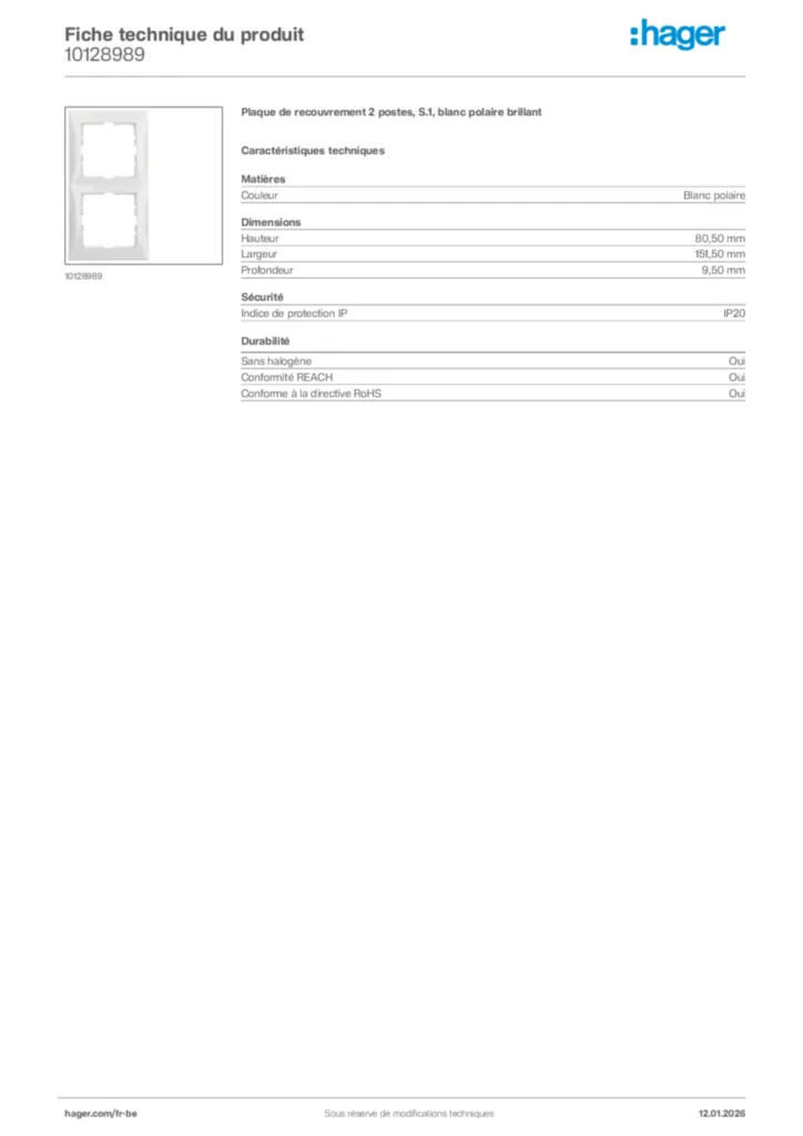 Image Hager Fiche technique du produit 10128989 | Hager Belgique