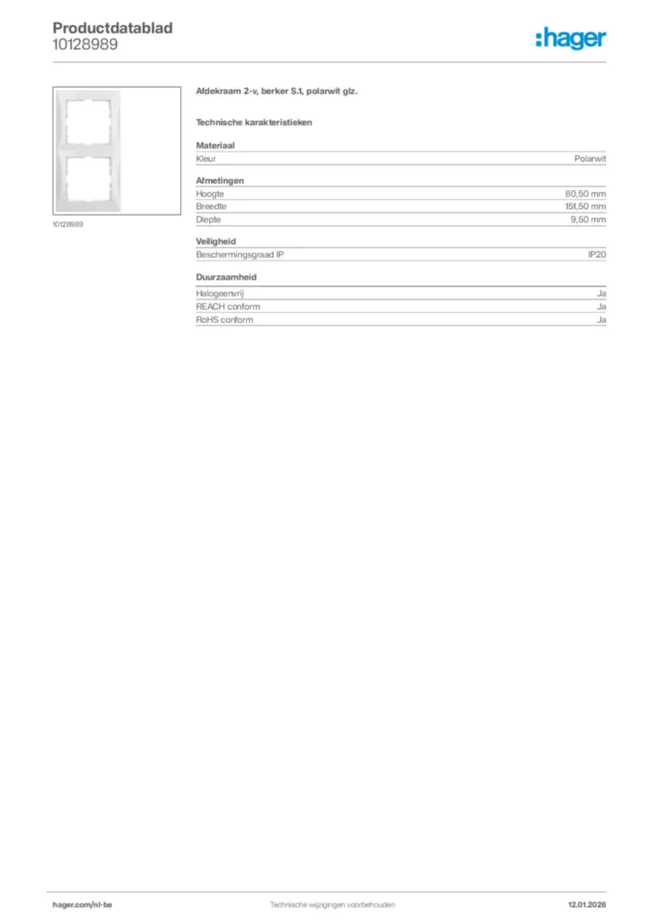 Afbeelding Hager Productdatablad 10128989 | Hager Belgium