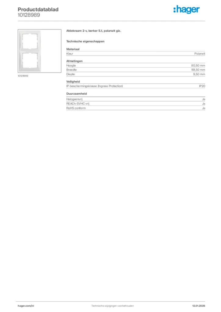 Afbeelding Hager Productdatablad 10128989 | Hager Nederland