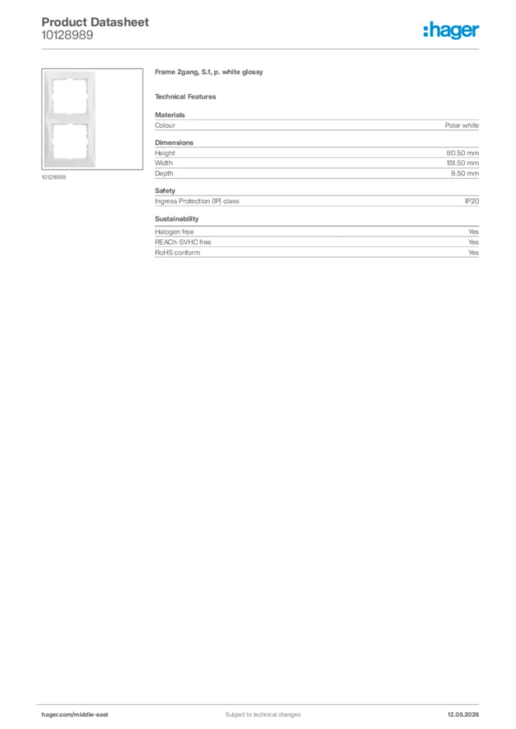 Image Hager Product data sheet 10128989  | Hager