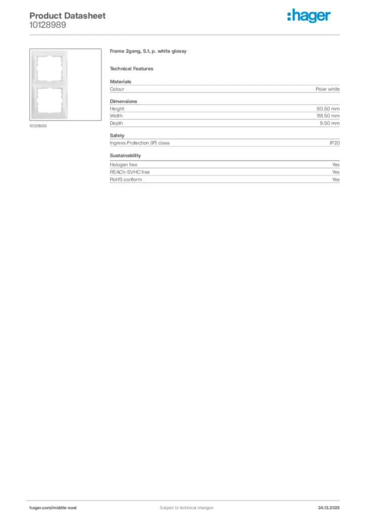 Image Hager Product data sheet 10128989  | Hager