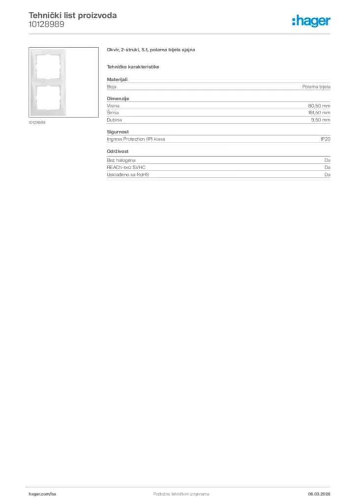 Slika Hager Tehnički list proizvoda 10128989  | Hager