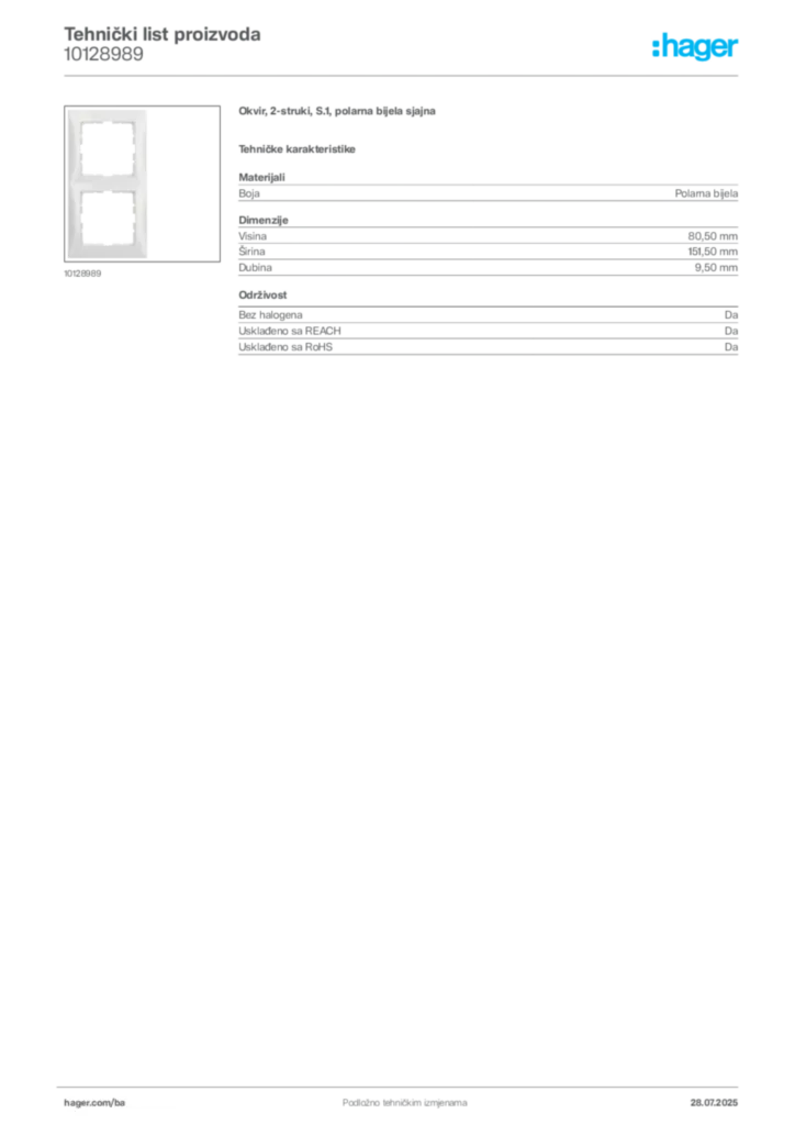 Slika Hager Product data sheet 10128989  | Hager