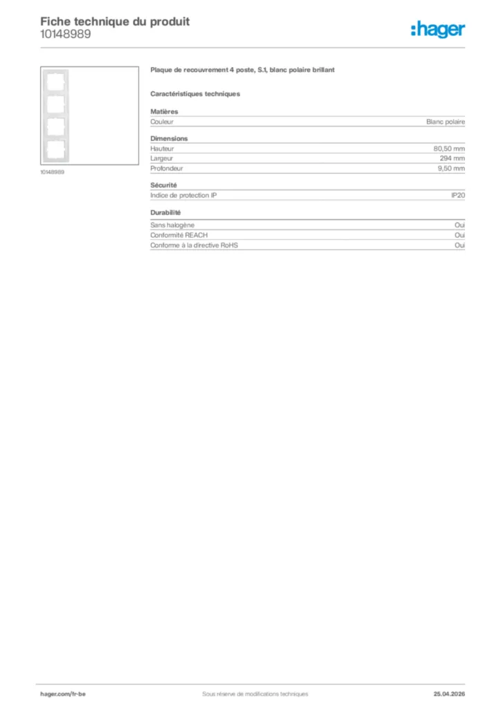Image Hager Fiche technique du produit 10148989 | Hager Belgique