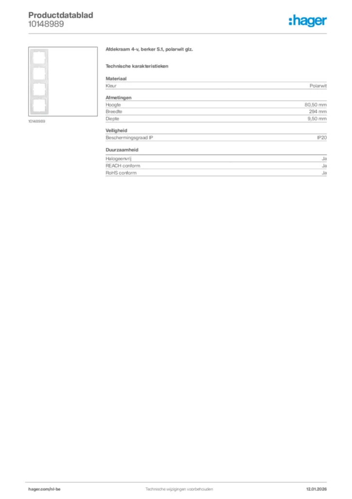 Afbeelding Hager Productdatablad 10148989 | Hager Belgium