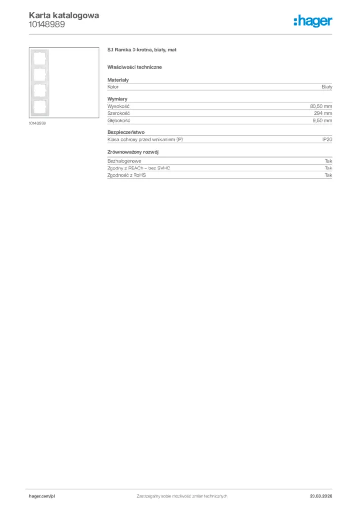 Zdjęcie Hager Karta katalogowa 10148989 | Hager Polska