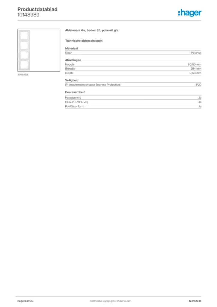 Afbeelding Hager Productdatablad 10148989 | Hager Nederland