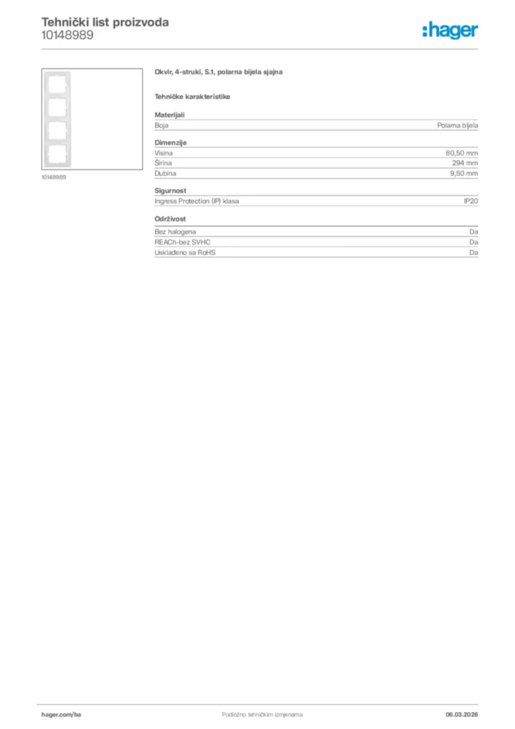 Slika Hager Tehnički list proizvoda 10148989  | Hager