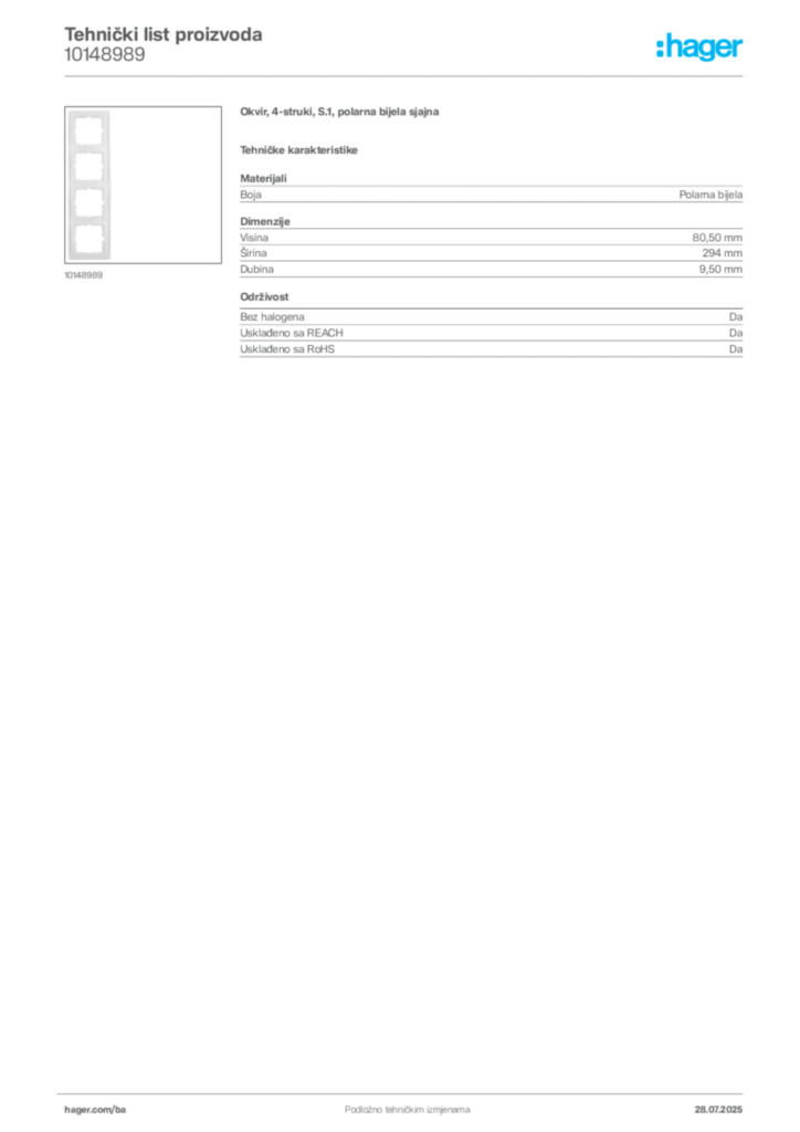 Slika Hager Product data sheet 10148989  | Hager