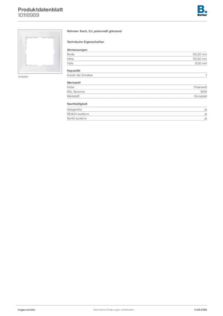 Bild Berker Produktdatenblatt 10118989 | Hager Deutschland