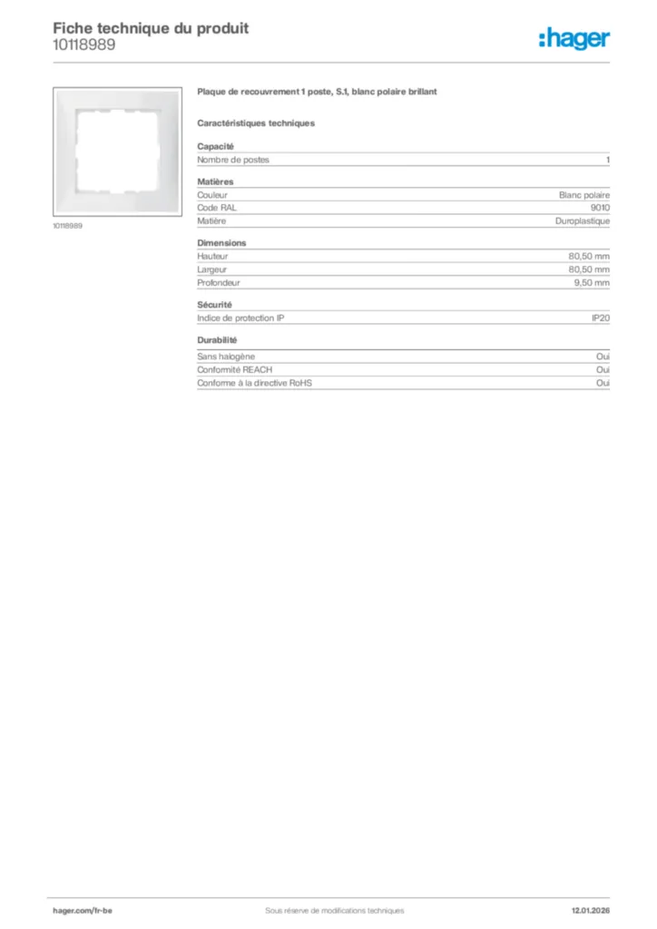 Image Hager Fiche technique du produit 10118989 | Hager Belgique