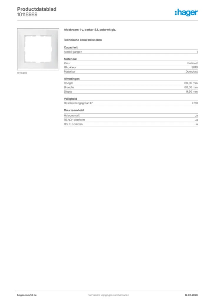 Afbeelding Hager Productdatablad 10118989 | Hager Belgium