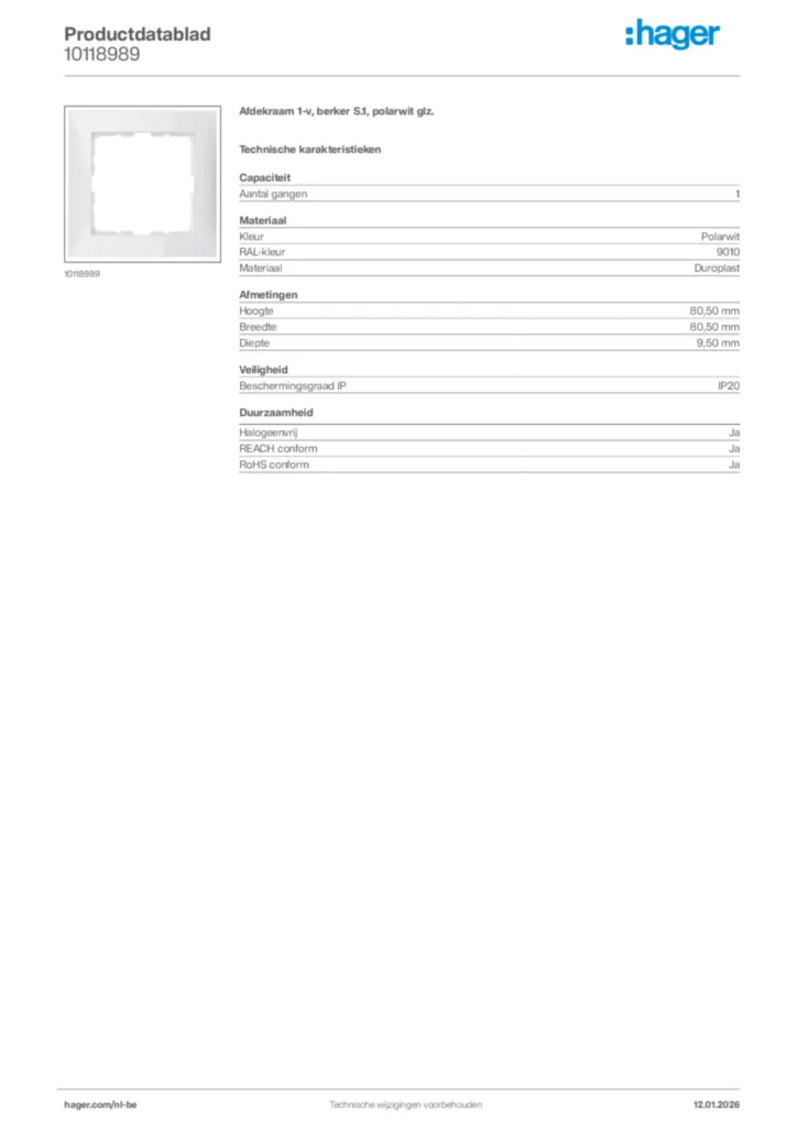 Afbeelding Hager Productdatablad 10118989 | Hager Belgium