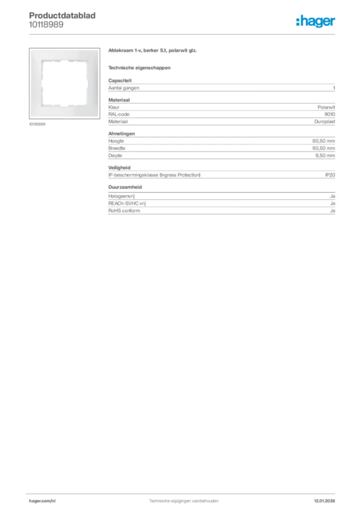Afbeelding Hager Productdatablad 10118989 | Hager Nederland