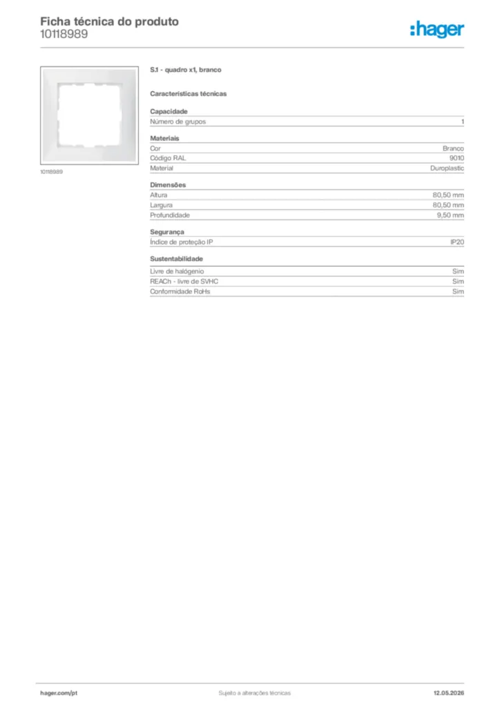 Imagem Hager Ficha técnica do produto 10118989 | Hager Portugal