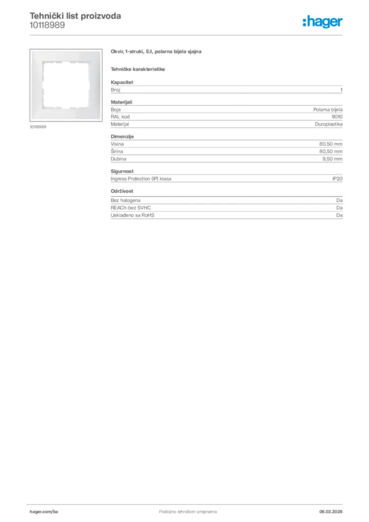 Slika Hager Tehnički list proizvoda 10118989  | Hager