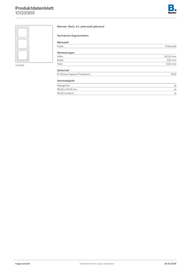 Bild Berker Produktdatenblatt 10138989 | Hager Deutschland
