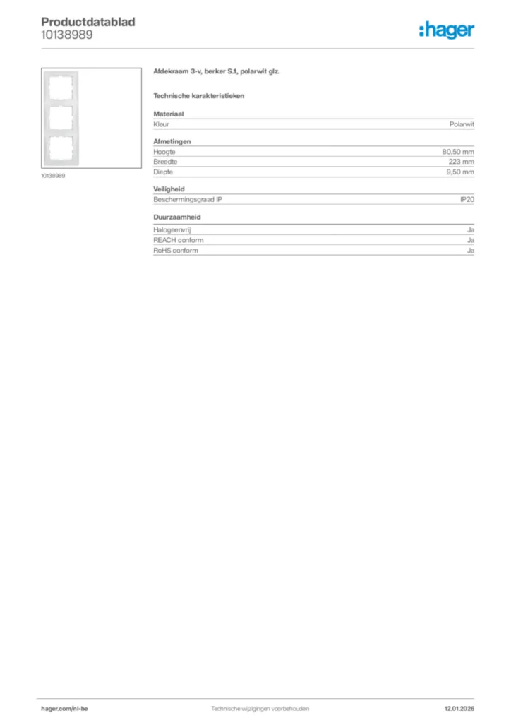 Afbeelding Hager Productdatablad 10138989 | Hager Belgium