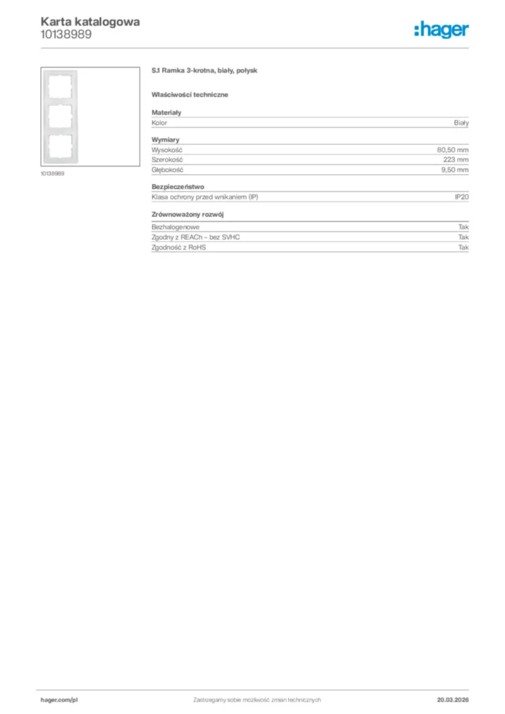 Zdjęcie Hager Karta katalogowa 10138989 | Hager Polska