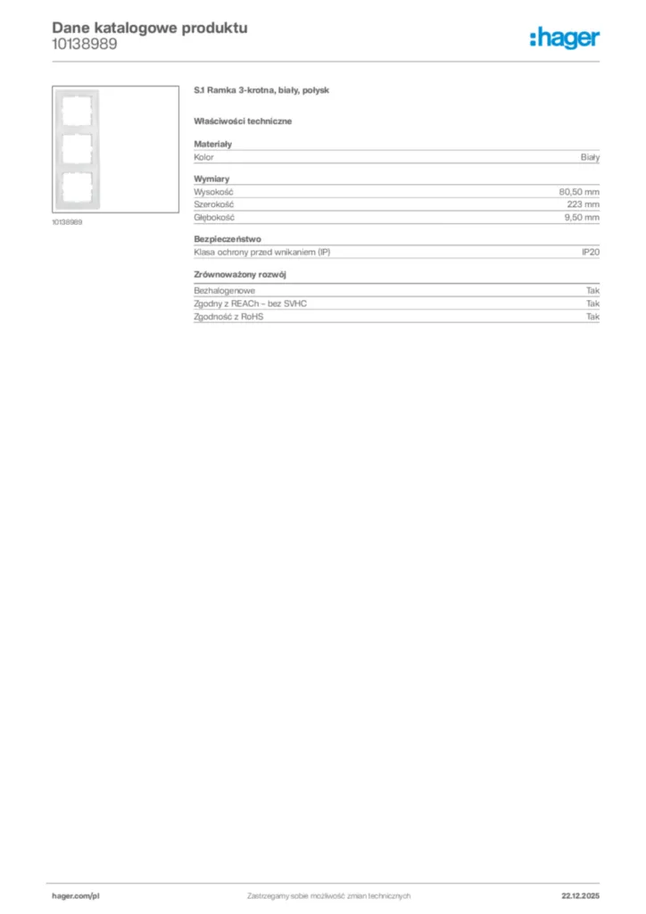 Zdjęcie Hager Dane katalogowe produktu 10138989 | Hager Polska
