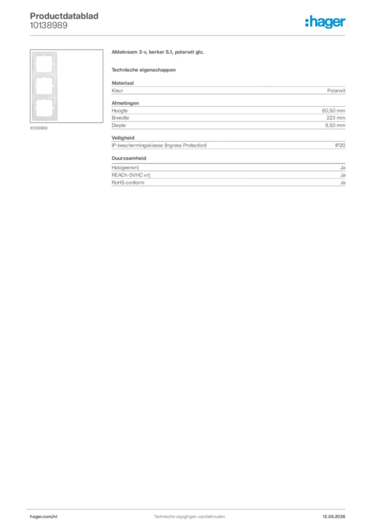 Afbeelding Hager Productdatablad 10138989 | Hager Nederland
