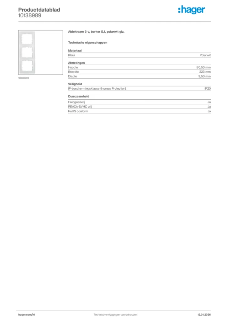 Afbeelding Hager Productdatablad 10138989 | Hager Nederland