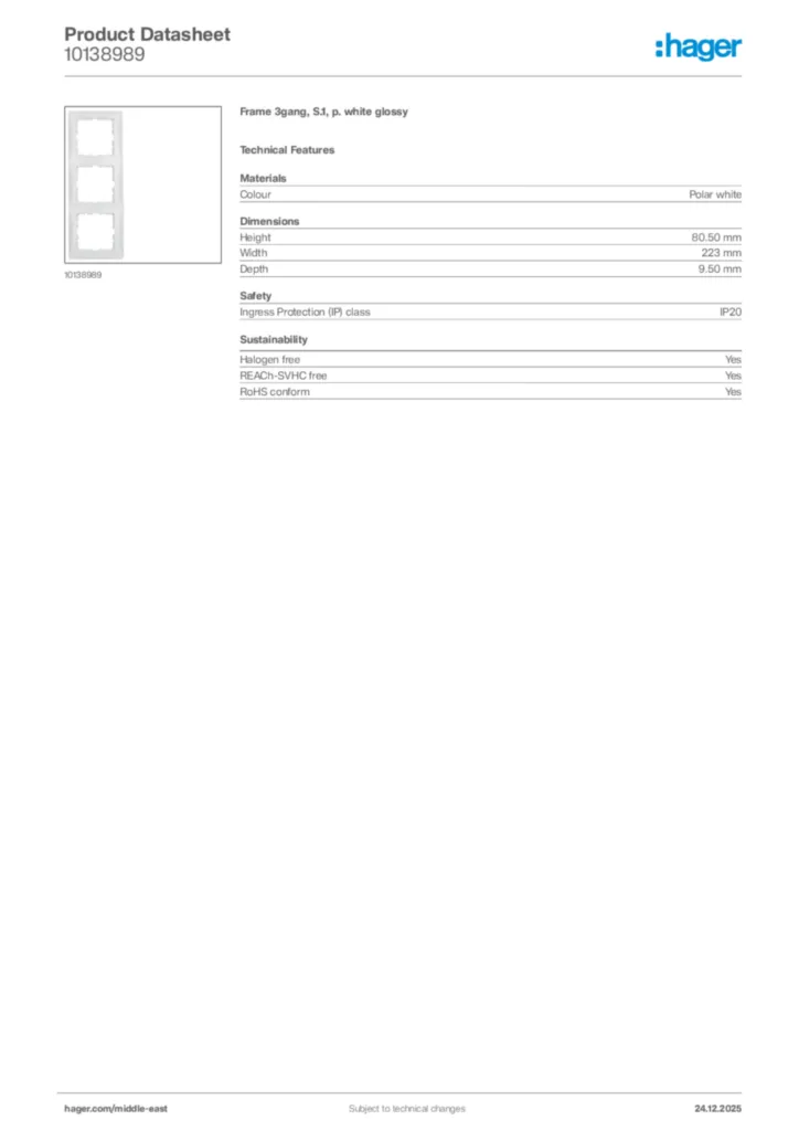 Image Hager Product data sheet 10138989  | Hager