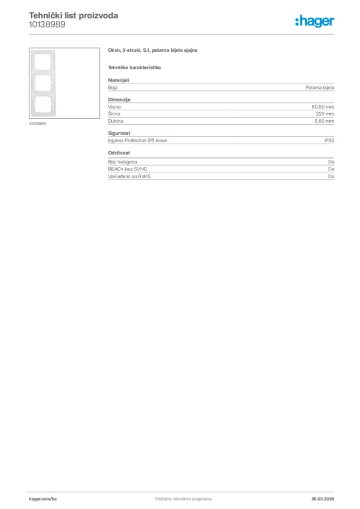 Slika Hager Tehnički list proizvoda 10138989  | Hager