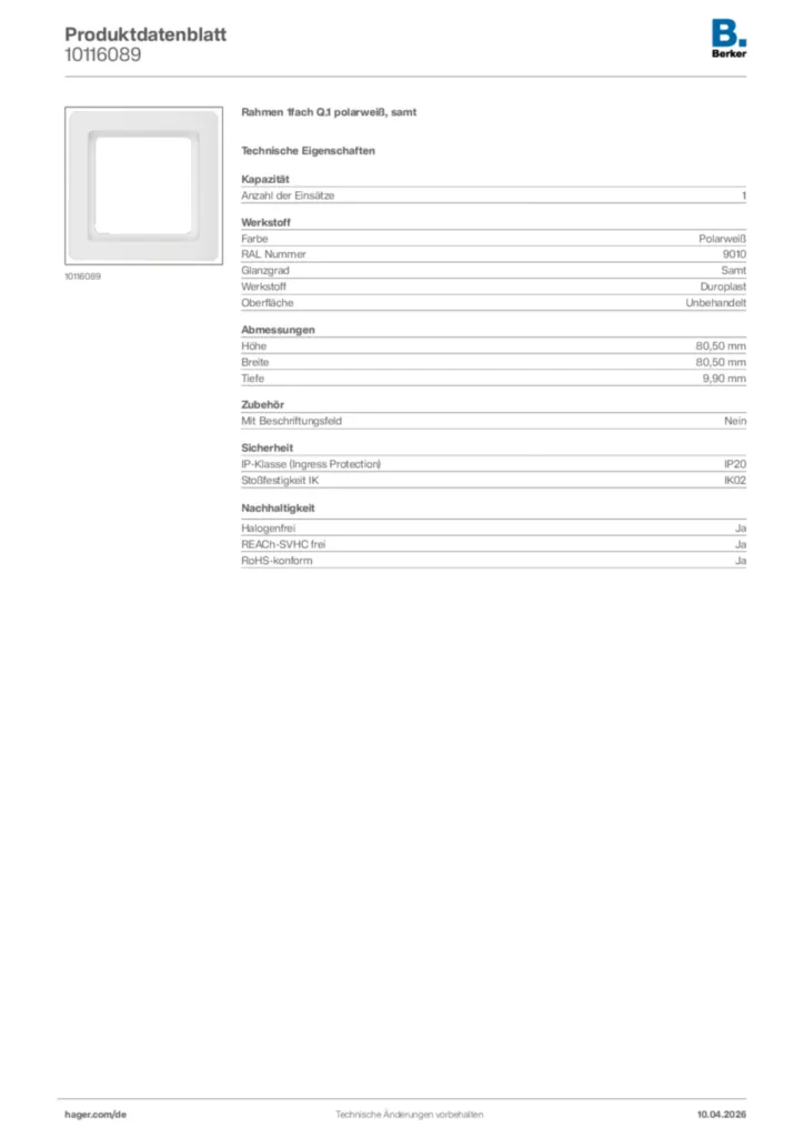 Bild Berker Produktdatenblatt 10116089 | Hager Deutschland