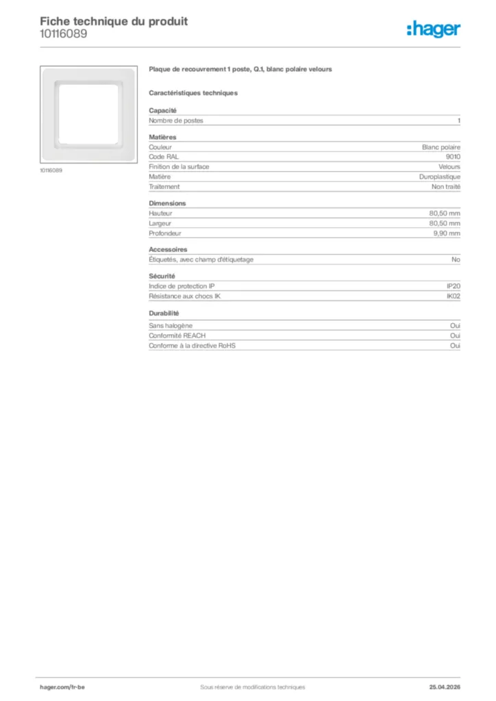 Image Hager Fiche technique du produit 10116089 | Hager Belgique
