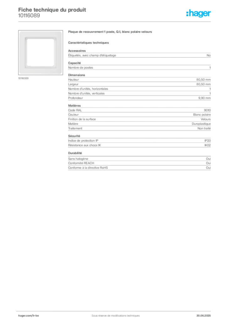 Image Hager Fiche technique du produit 10116089 | Hager Belgique