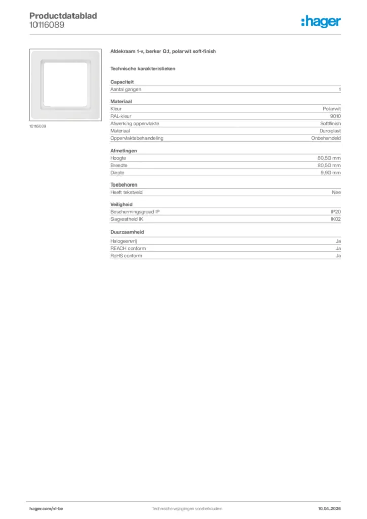Afbeelding Hager Productdatablad 10116089 | Hager Belgium