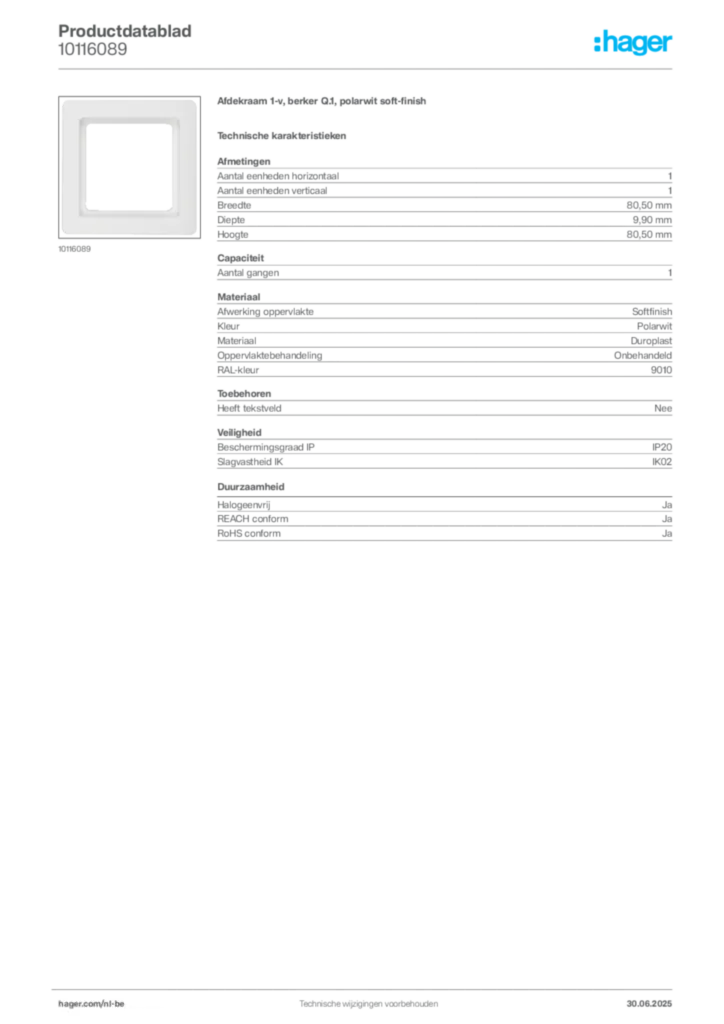 Afbeelding Hager Productdatablad 10116089 | Hager Belgium