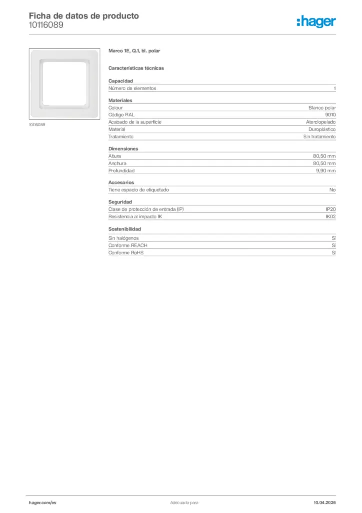 Imagen Hager Ficha de datos de producto 10116089 | Hager España