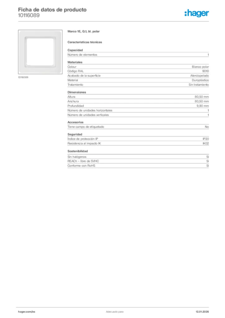 Imagen Hager Ficha de datos de producto 10116089 | Hager España