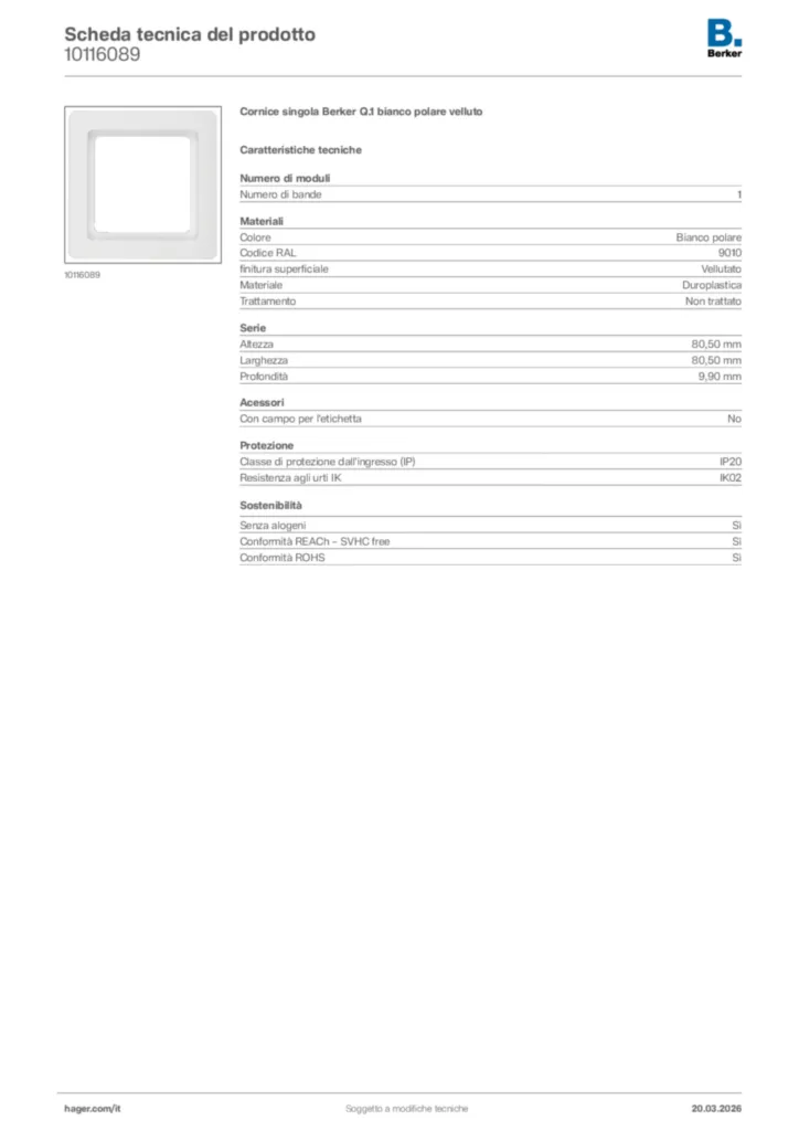 Immagine Berker Scheda tecnica del prodotto 10116089 | Hager Italia