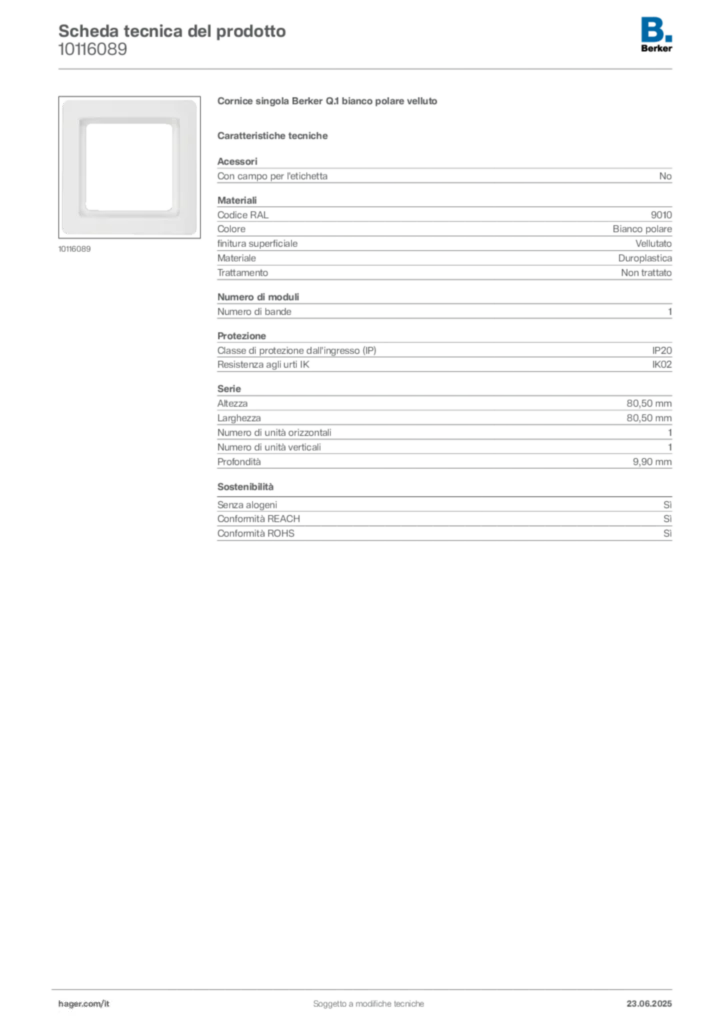 Immagine Berker Scheda tecnica del prodotto 10116089 | Hager Italia