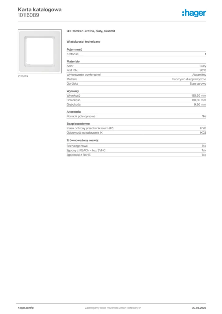 Zdjęcie Hager Karta katalogowa 10116089 | Hager Polska
