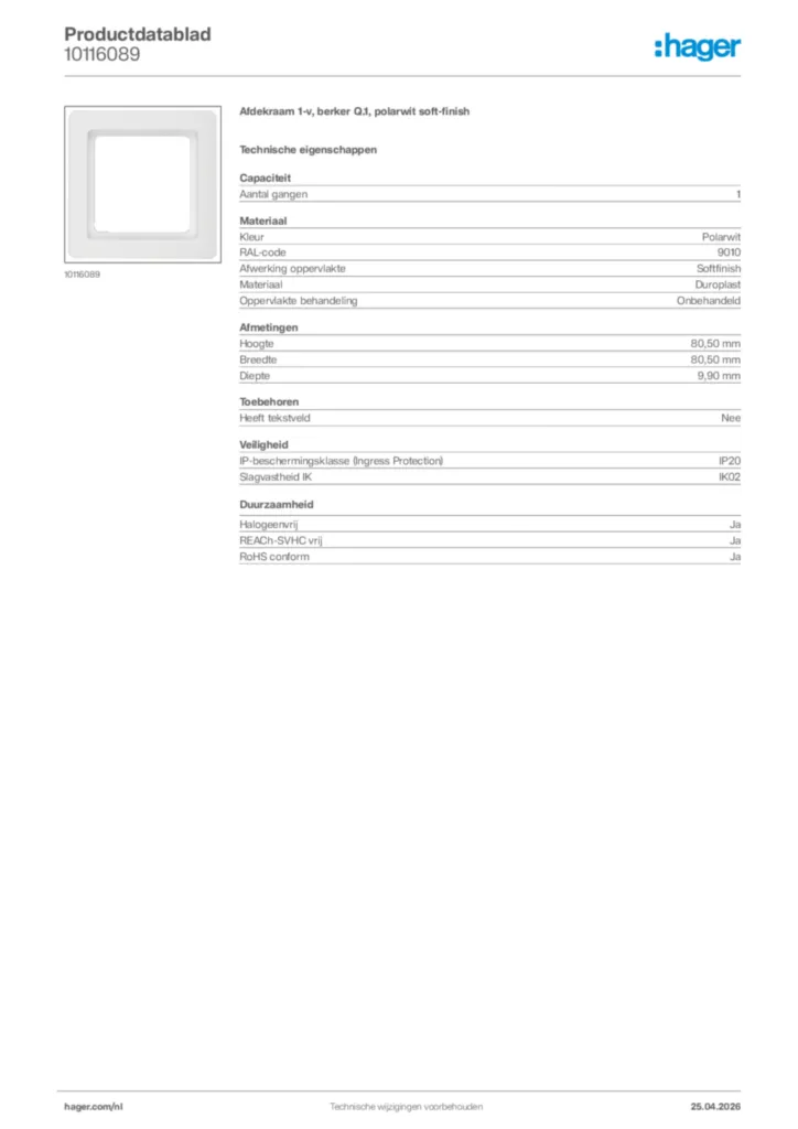 Afbeelding Hager Productdatablad 10116089 | Hager Nederland
