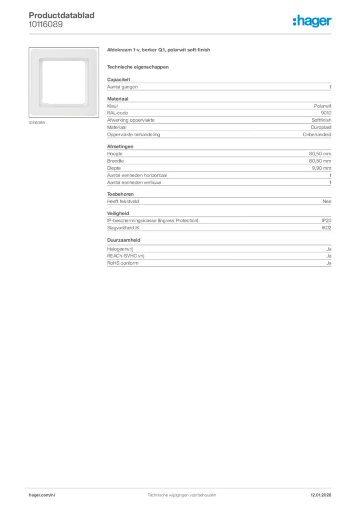 Afbeelding Hager Productdatablad 10116089 | Hager Nederland