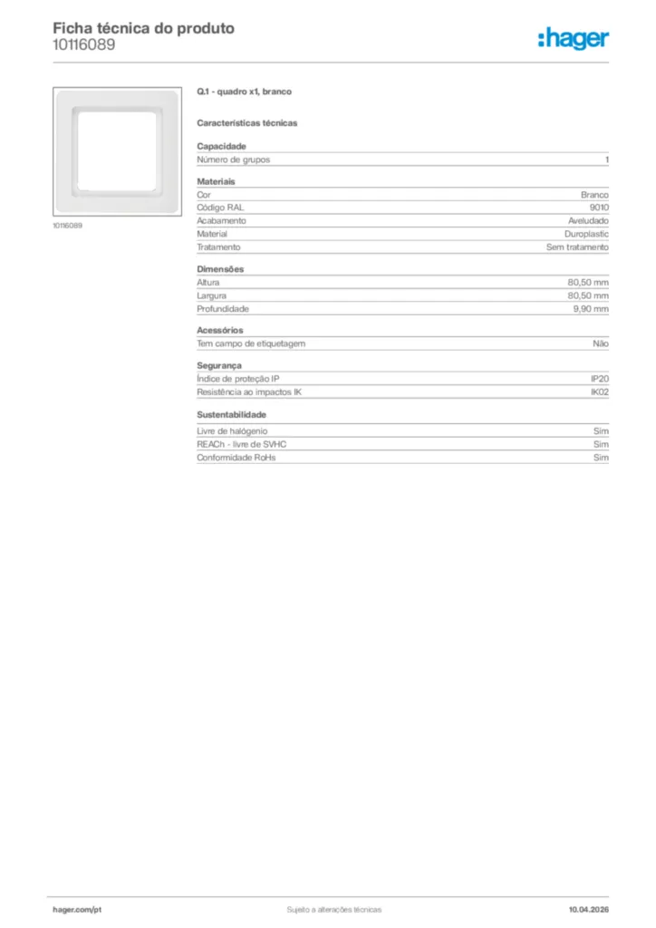 Imagem Hager Ficha técnica do produto 10116089 | Hager Portugal