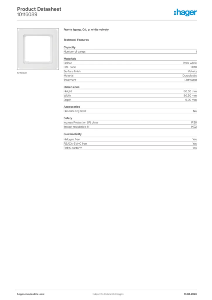 Image Hager Product data sheet 10116089  | Hager