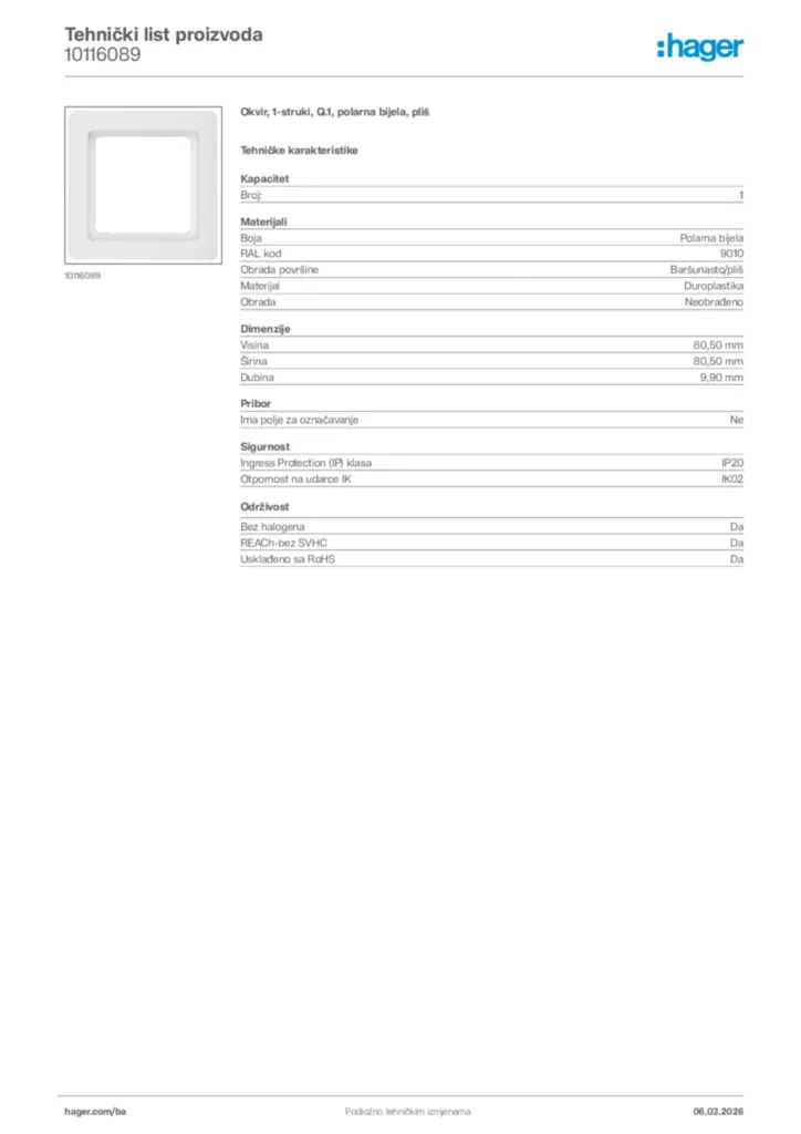 Slika Hager Tehnički list proizvoda 10116089  | Hager