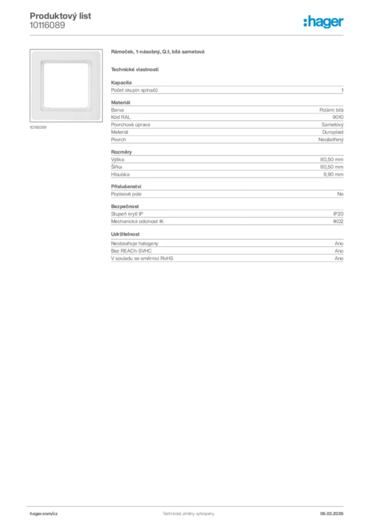 Obrázek Hager Product data sheet 10116089 | Hager